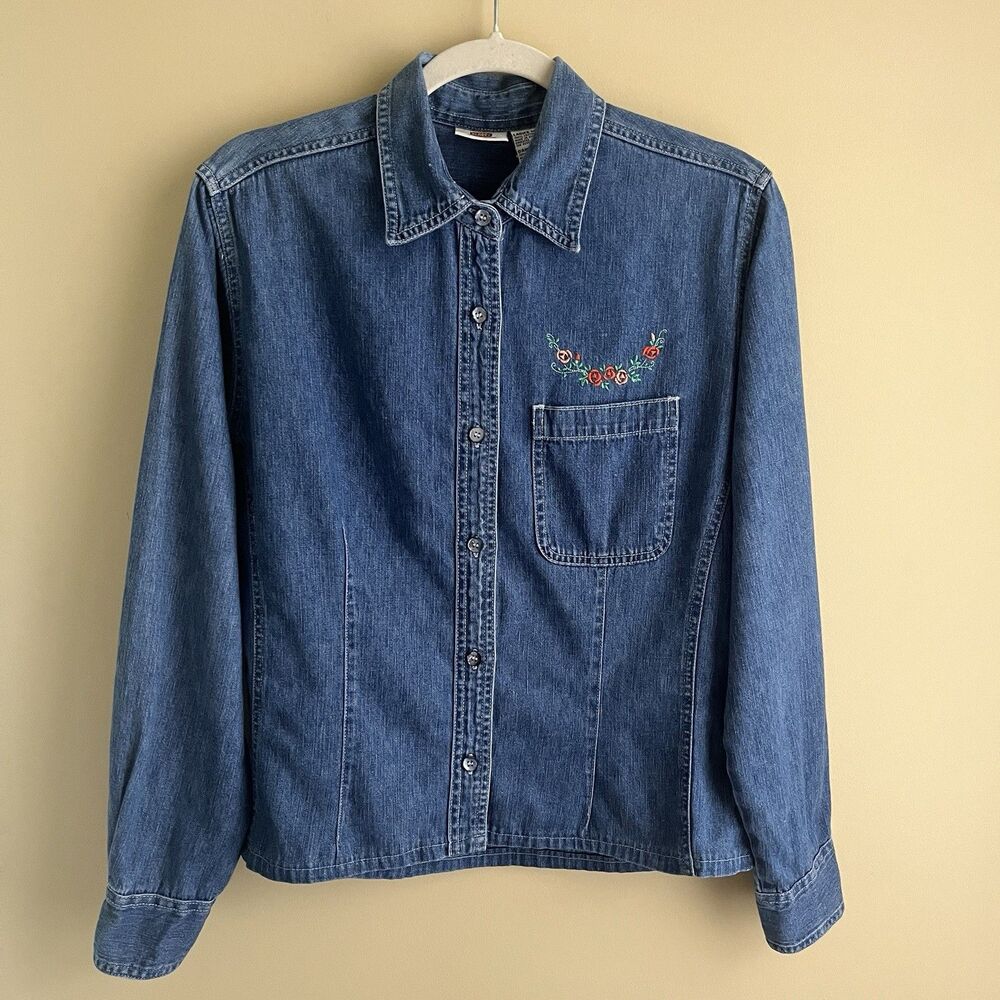 Vintage Chambray Top Women's Medium Blue Floral Embroidery Country Boho Farm